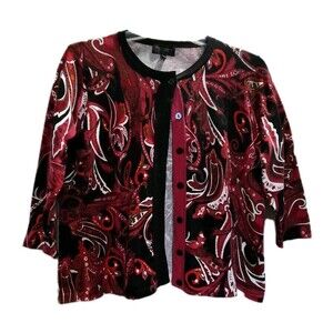 Investments Petites Paisley Burgundy Red Black Button Cardigan 3/4 Sleeves  PXL